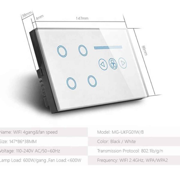 4 Gang WiFi Smart Light Switch & Fan Speed Switch - Image 2