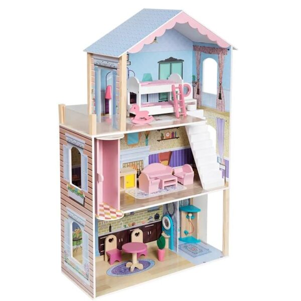 Wooden Dollhouse with Elevator (115cm*71cm*30cm), Full Set Wooden Furniture, for Kids Role Play Toy