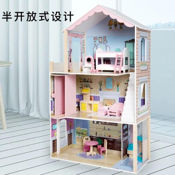 Wooden Dollhouse with Elevator (115cm*71cm*30cm), Full Set Wooden Furniture, for Kids Role Play Toy - Image 5