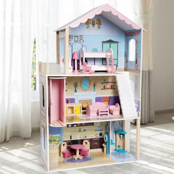 Wooden Dollhouse with Elevator (115cm*71cm*30cm), Full Set Wooden Furniture, for Kids Role Play Toy - Image 3