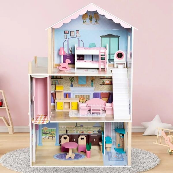 Wooden Dollhouse with Elevator (115cm*71cm*30cm), Full Set Wooden Furniture, for Kids Role Play Toy - Image 2