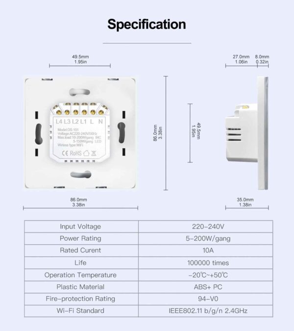 Smart Life DS-101 Wifi Smart Touch Switch 4 Gang Wireless Wall Light Switch - Image 3