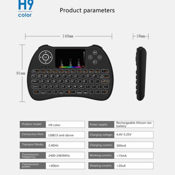 H9 Mini Wireless Keyboard With Touchpad & RGB Backlit - Image 2