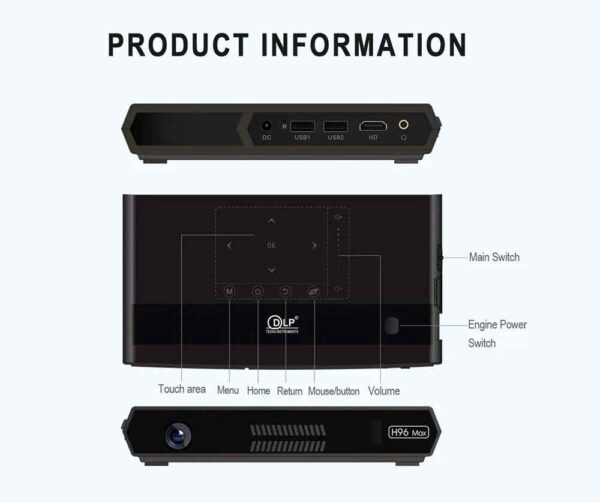 H96 Max Smart DLP Projector - Portable Android Projector - Black - Image 2