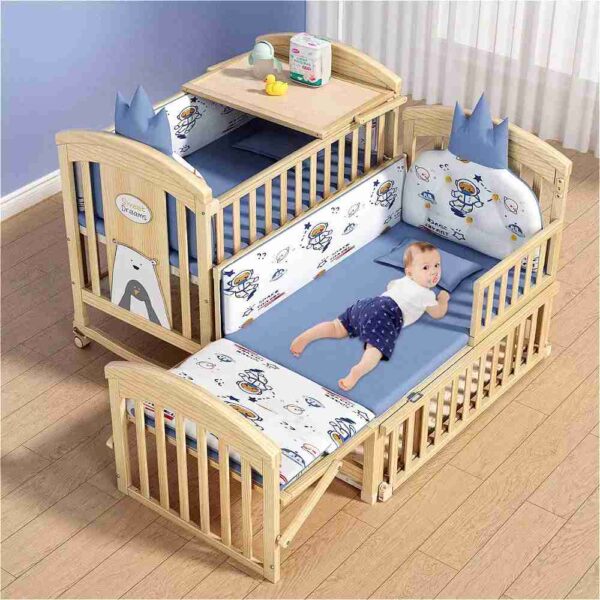 Multifunctional Wooden Baby Crib - Bedside Pinewood Baby Cot