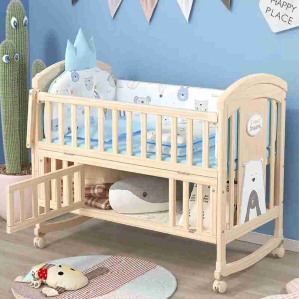 Multifunctional Wooden Baby Crib - Bedside Pinewood Baby Cot - Image 2