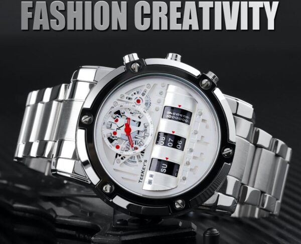 TEEKEYS TK3170 Men Luxury Brand Stainless Steel Watch With Rolling Day Month Date - Silver