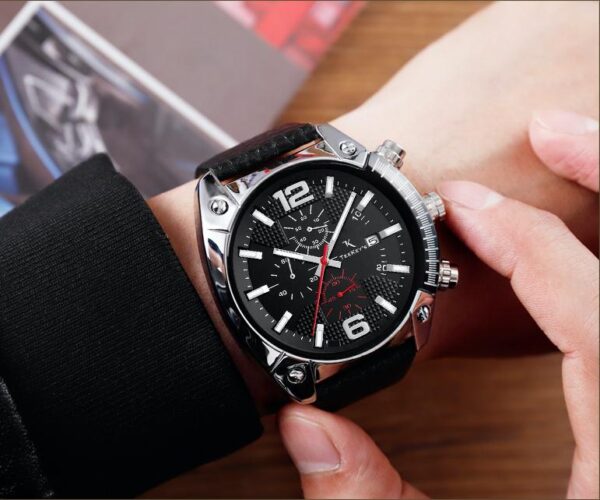 TEEKEYS TK3161 Men/Women Luxury Brand Leather Chronograph and Date Watch - Black - Image 2