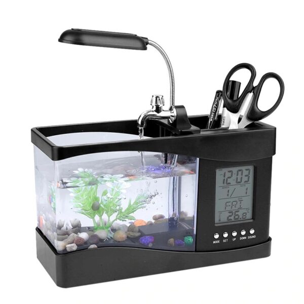 USB Desktop Aquarium - Mini Fish Tank With Running Water, Pebbles and LED Light - Black