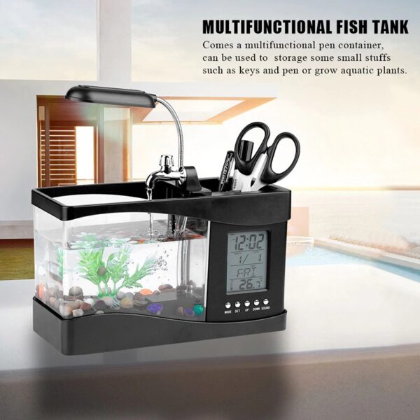 USB Desktop Aquarium - Mini Fish Tank With Running Water, Pebbles and LED Light - Black - Image 2